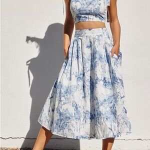 Blue & White Toile Print Midi Skirt